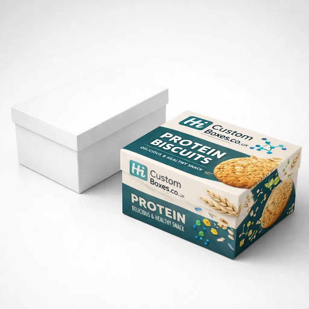 Two rectangular gift boxes with lids, one plain white and one featuring teal protein biscuit branding. class=